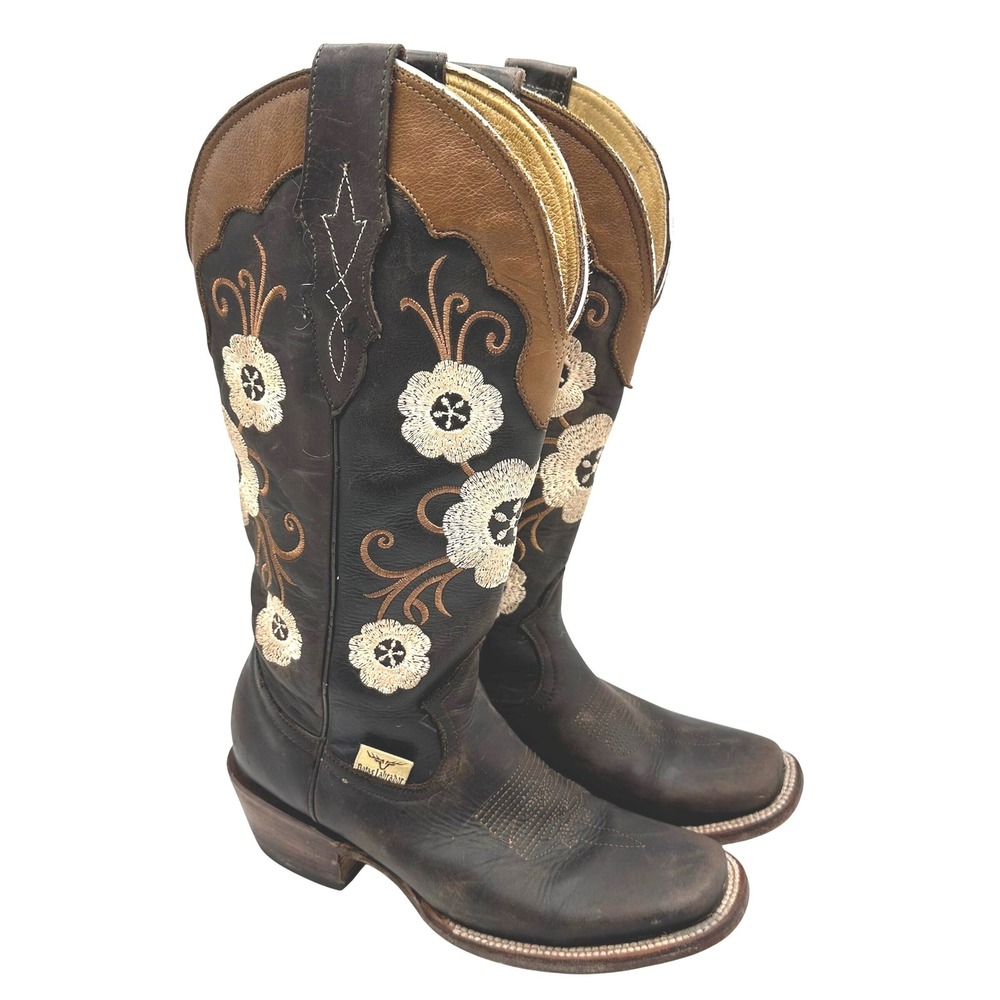Botas Labrador Women Choc Brown/Tan Leather Floral Embroidered Western Boots 6.5
